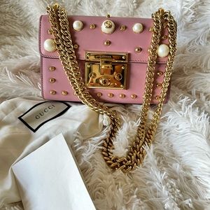 Gucci Pearly Padlock Studded Pink Leather Shoulder Bag, Small